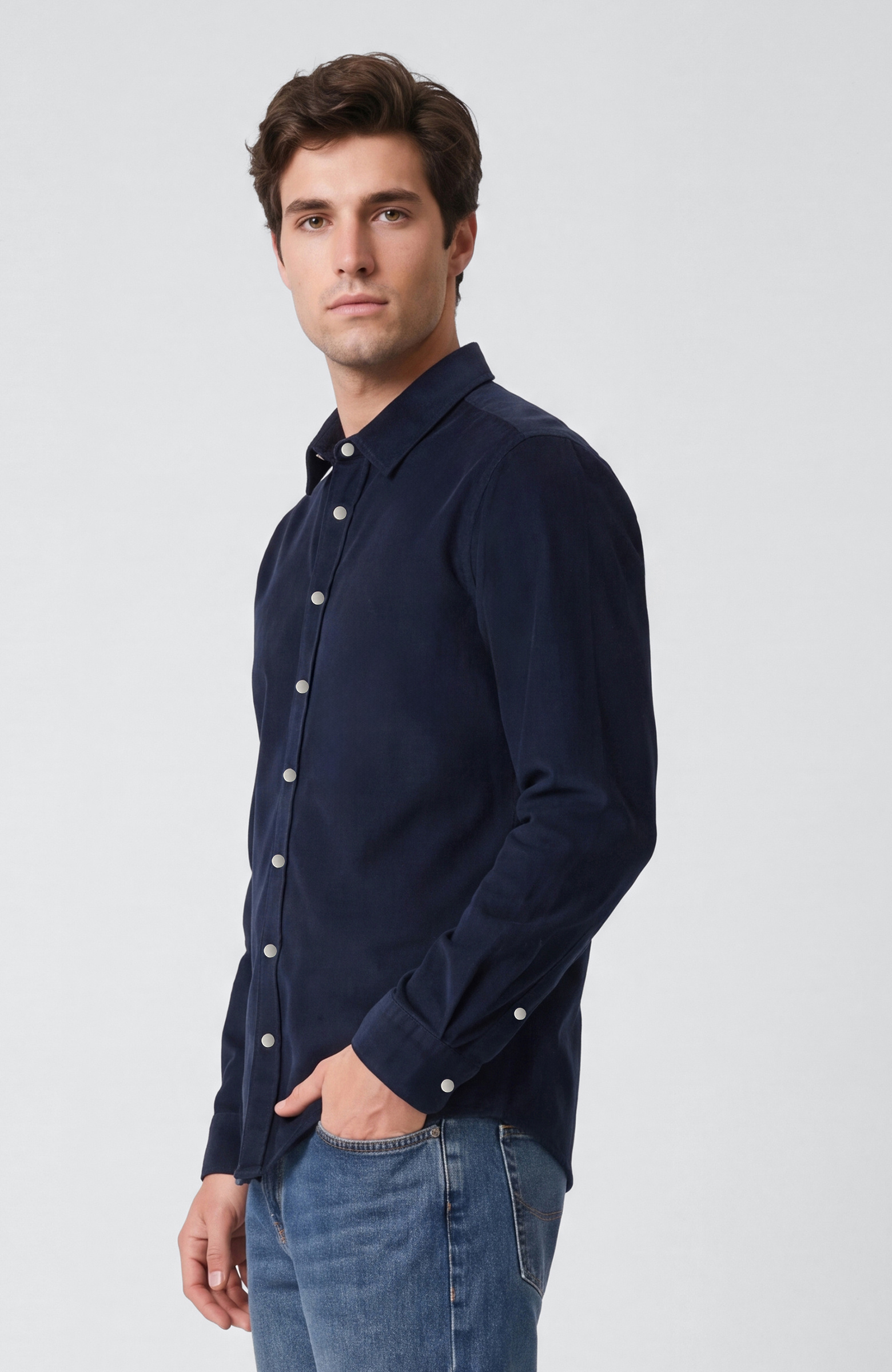 Slim Fit Lacivert Fitilli Kadife Cotton Gömlek